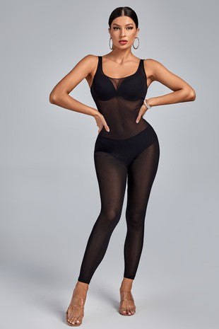 WHS See-through mesh tank jumpsuit- black