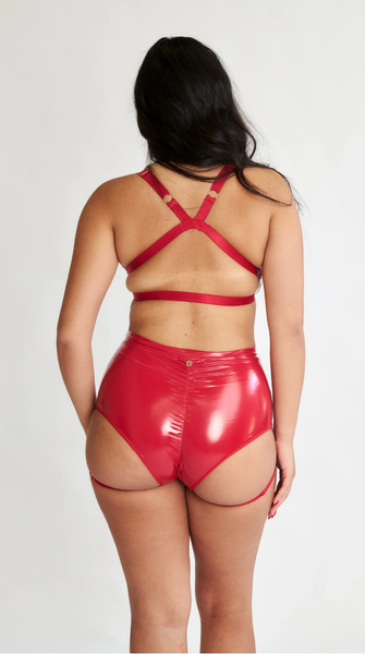 Lure You High Waisted Garter Shorts- Black & Red PU