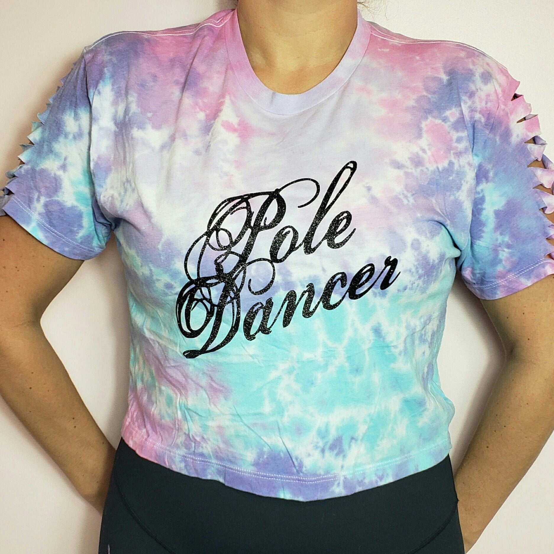 Tie-dye glitter pole dancer t-shirt with slashed sleeves